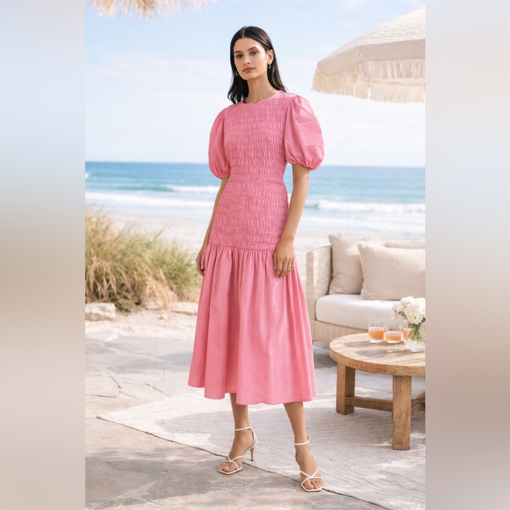NWOT Derek Lam 10 Crosby Amaya Smocked Midi Dress Pink Puff Sleeve Size 8